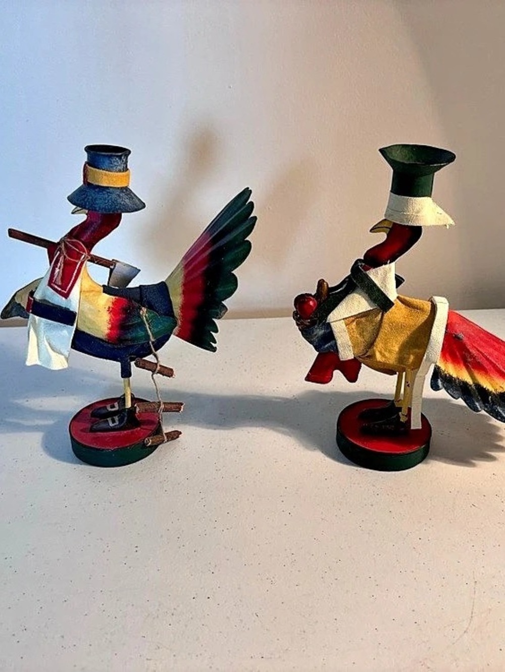 Vintage Pair of Folk Art Bird Figurines in Red & Green
